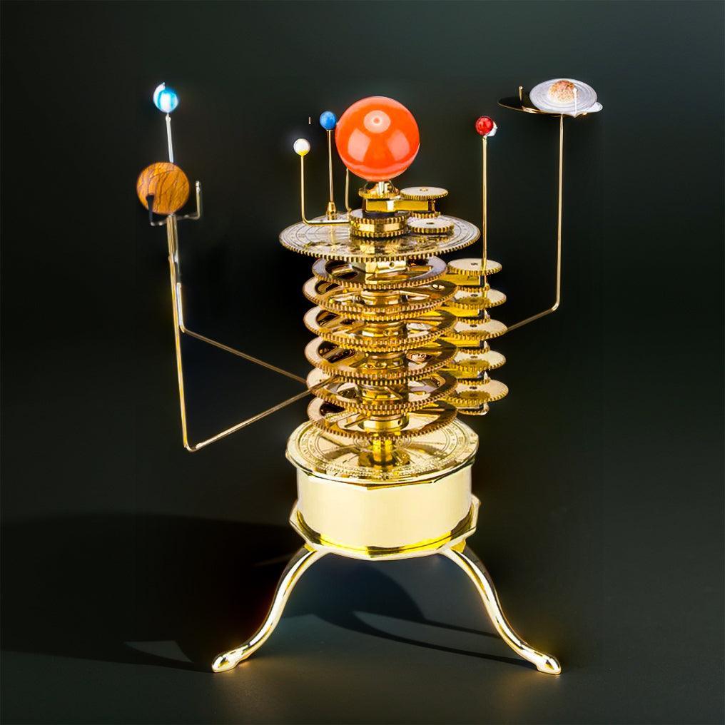 Brass orrery model of the solar system built from 200 metal pieces, a planetary motion sculpture for office and study decor