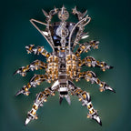 Articulated metal arachnid model with eight spiked legs and brass gears, a 1000 piece steampunk desk sculpture kit