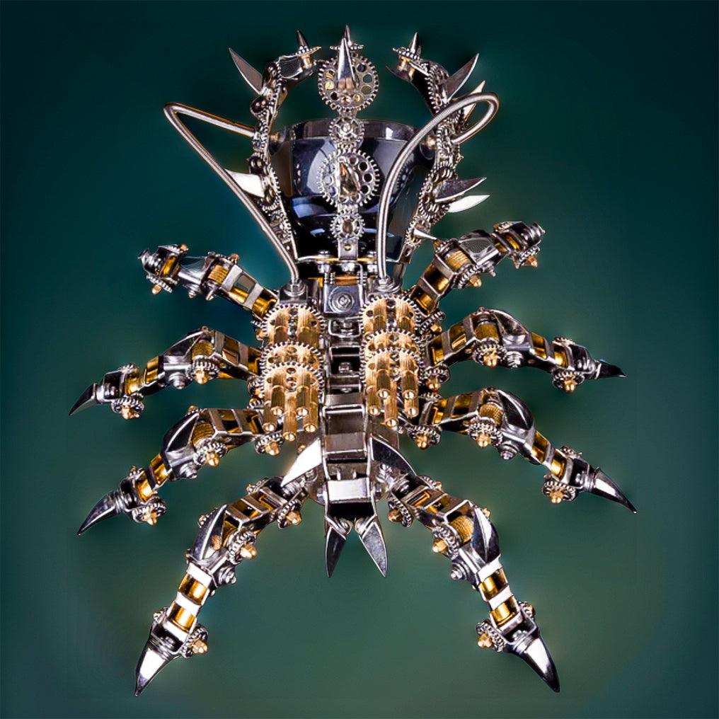Articulated metal arachnid model with eight spiked legs and brass gears, a 1000 piece steampunk desk sculpture kit