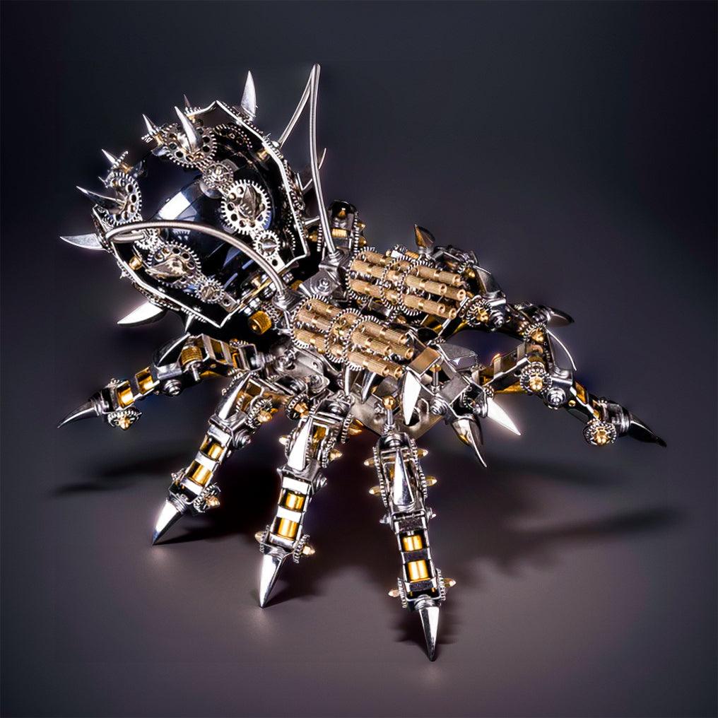 Poseable metal arachnid sculpture with spiked legs and brass gears, a 1000 piece Bluetooth speaker desk model for hobbyists