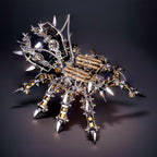 Poseable metal arachnid sculpture with spiked legs and brass gears, a 1000 piece Bluetooth speaker desk model for hobbyists