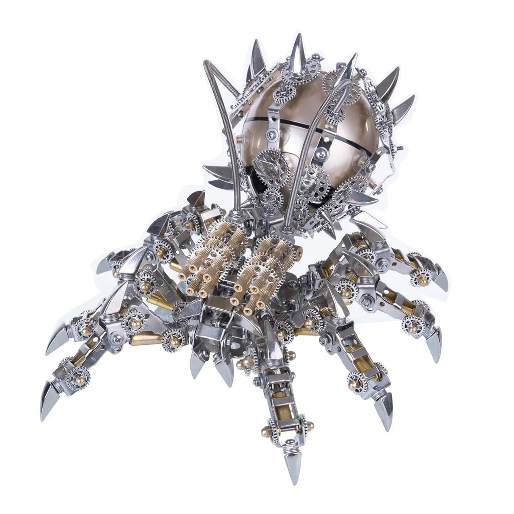 Articulated metal arachnid model with brass barrels and spiked legs, a 1000 piece steampunk speaker sculpture for shelf decor