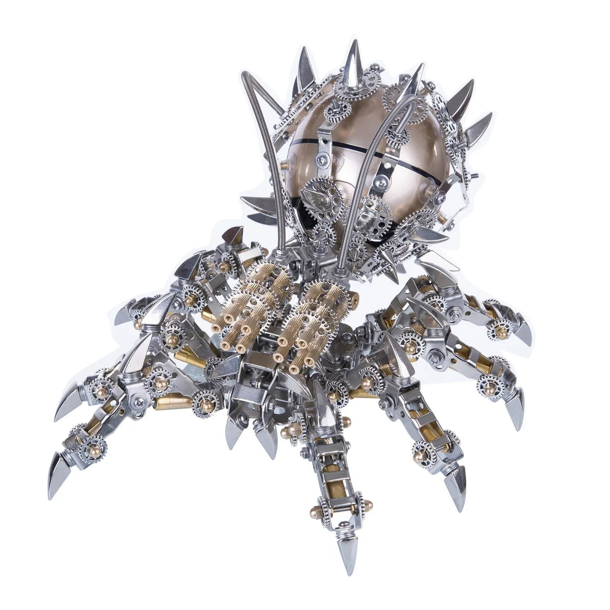 Articulated metal arachnid model with brass barrels and spiked legs, a 1000 piece steampunk speaker sculpture for shelf decor