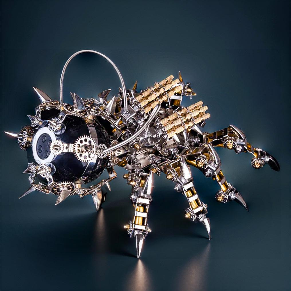 Metal arachnid model showing its built in Bluetooth speaker driver, a 1000 piece steampunk sound sculpture for desks Tarantula, Spider