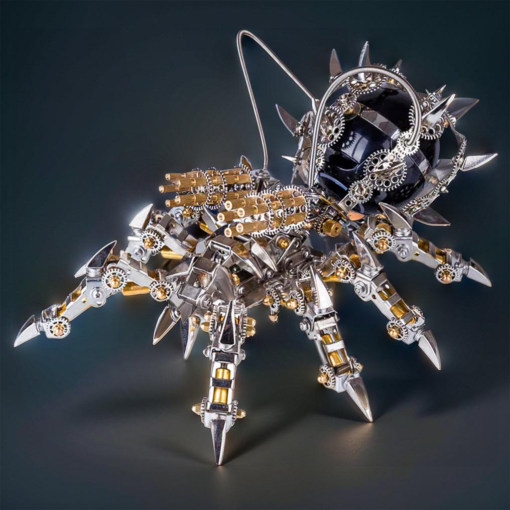 Articulated metal tarantula model with a glossy black body and spiked legs, a Bluetooth speaker desk sculpture for collectors Tarantula