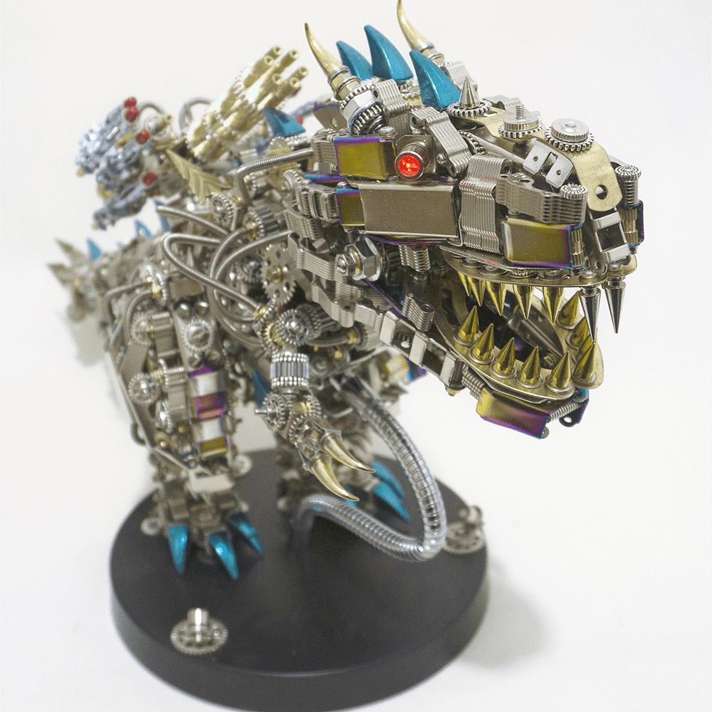 Mechanical dinosaur desk centerpiece in metal, a bold office and shelf ornament for model building fans