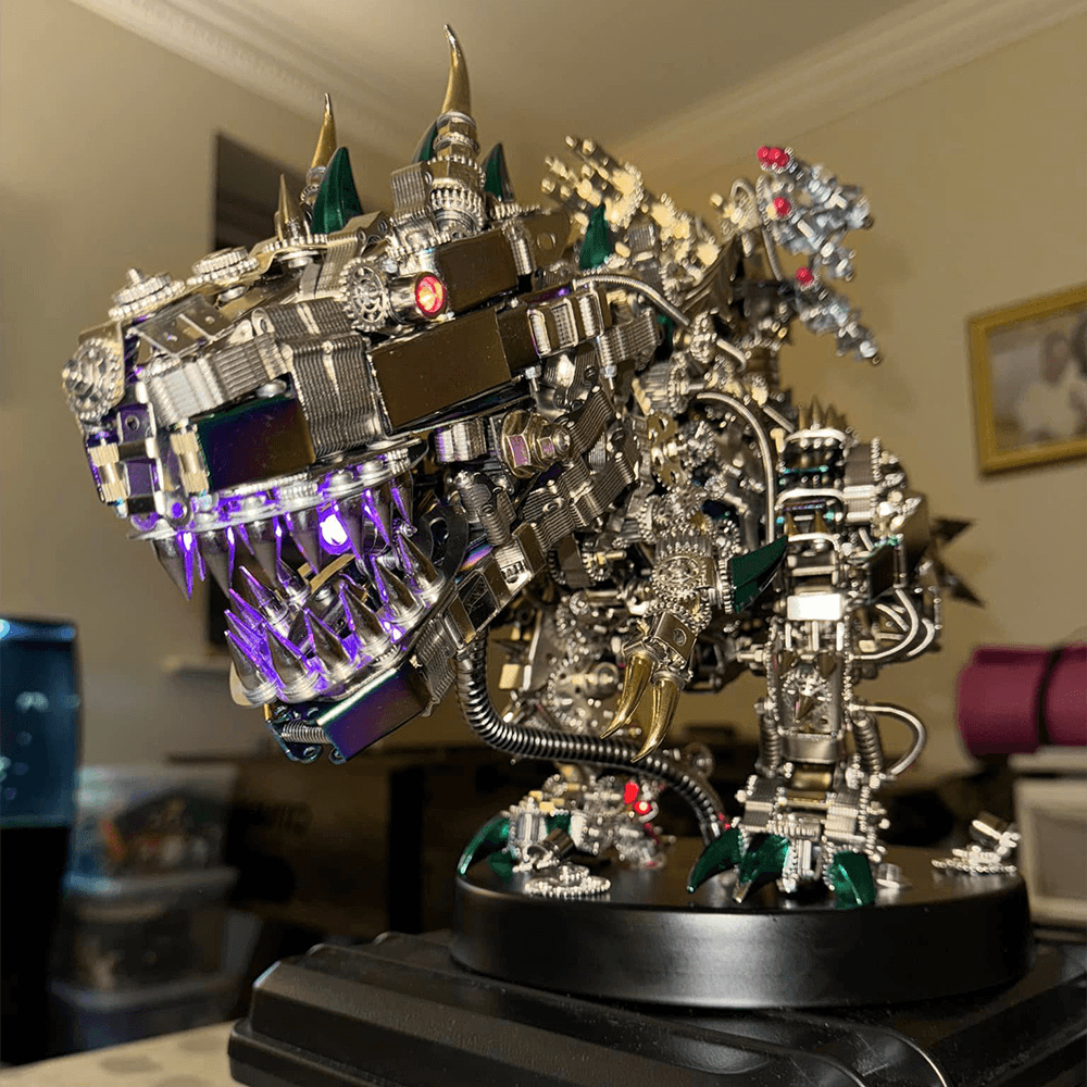 Detailed metal T-Rex with a long sweeping tail and mechanical spine for a commanding shelf presence at home