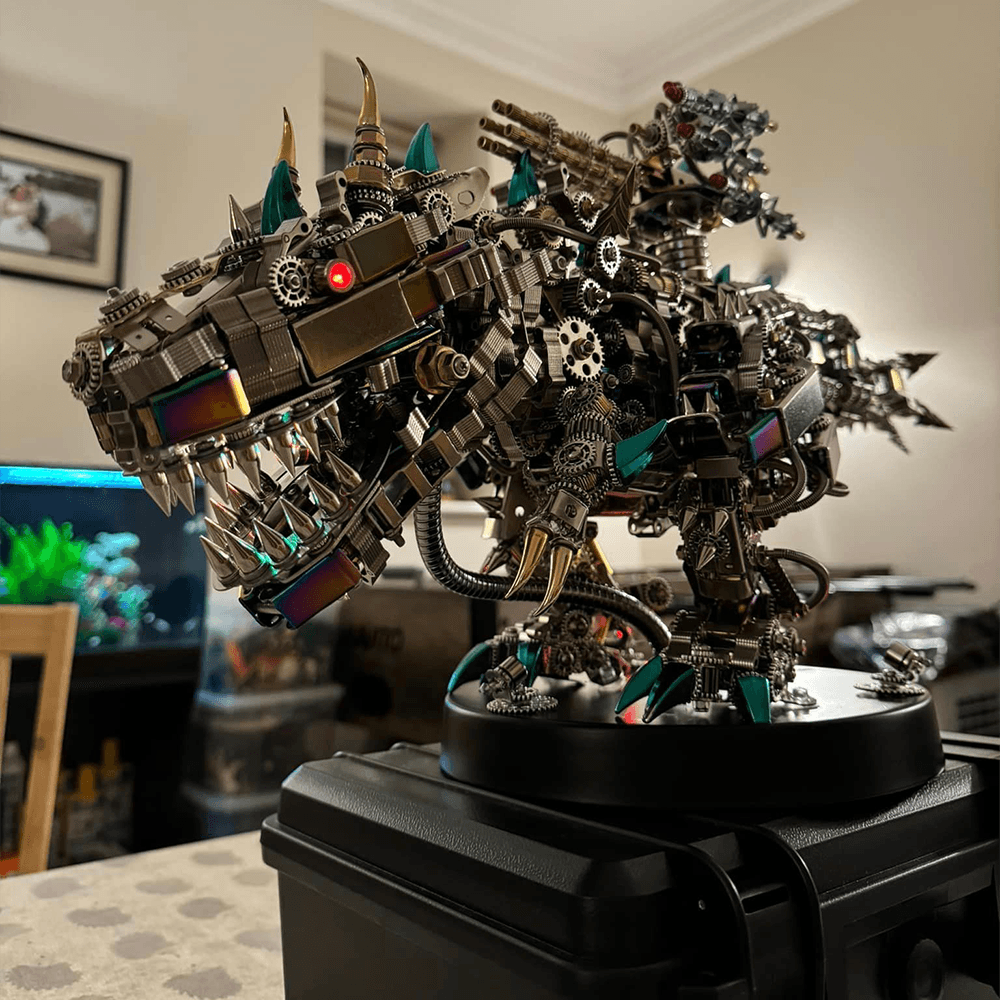 Big metal dinosaur display for T-Rex and prehistoric fans, a mechanical model kit for shelves and collections