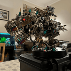 Big metal dinosaur display for T-Rex and prehistoric fans, a mechanical model kit for shelves and collections