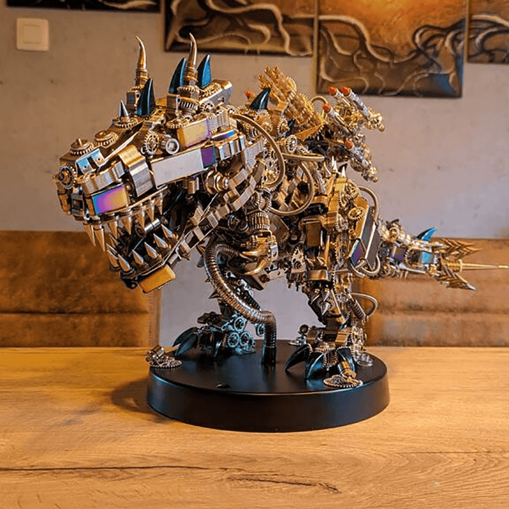 Steampunk stainless steel dinosaur build with mechanical plating and rivets for adult metal model enthusiasts