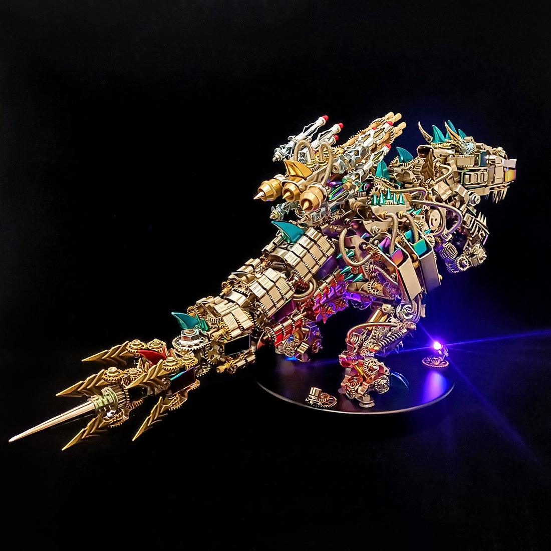 Steampunk metal dinosaur model with glowing red mechanical eyes for a striking desk and shelf display piece