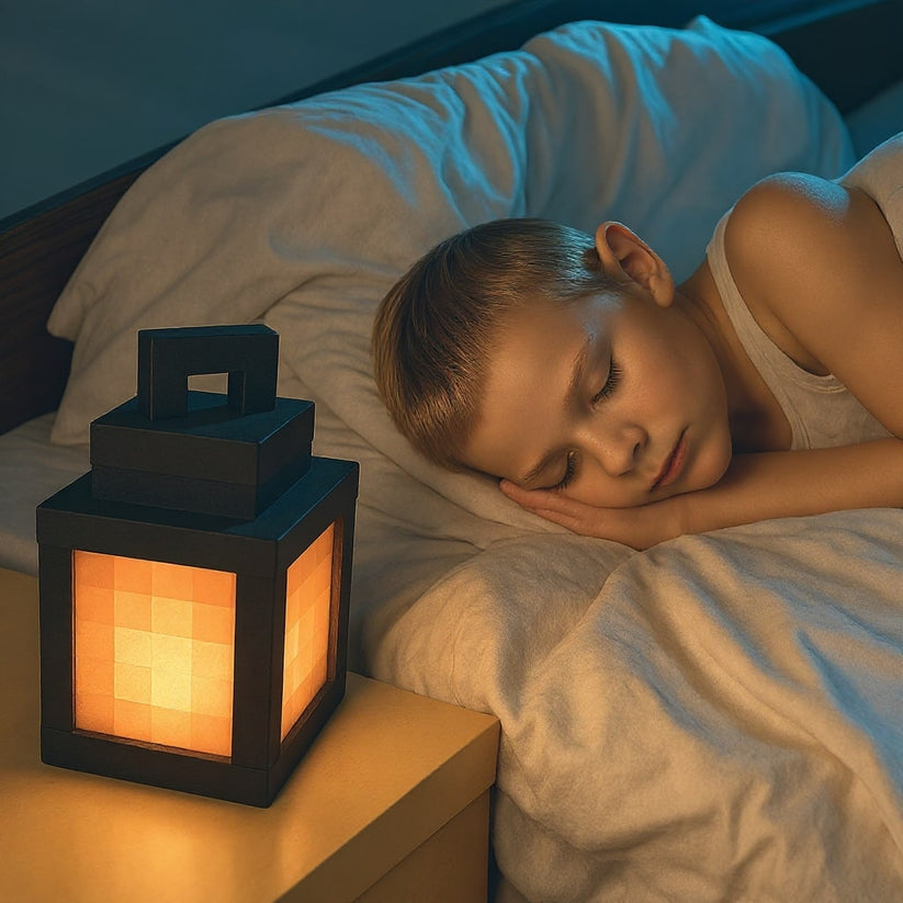 Minecraft pixel style LED lantern night light with 16 color modes and remote control for gaming room decor