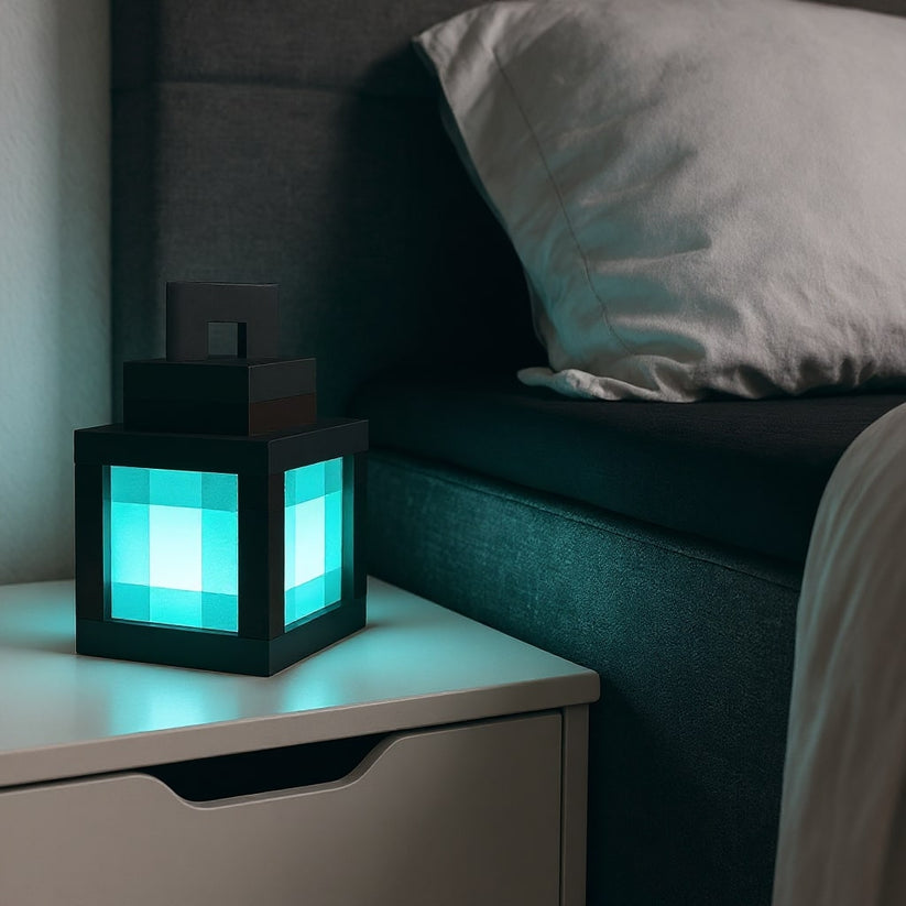 Minecraft pixel style LED lantern night light with 16 color modes and remote control for gaming room decor