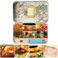 Spring cherry blossom miniature dollhouse kit with LED lighting and a built in music box, an illuminated 1:24 wooden desk scene Spring