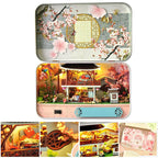 Spring cherry blossom miniature dollhouse kit with LED lighting and a built in music box, an illuminated 1:24 wooden desk scene Spring