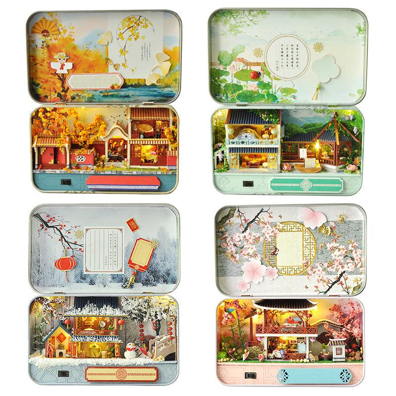 Four seasonal miniature dollhouse designs with LED lighting and a music box, illuminated 1:24 wooden box scenes for shelf decor Spring, Summer