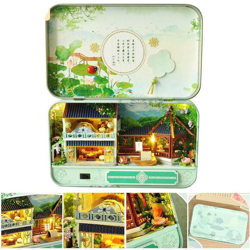 Summer lotus pond miniature dollhouse kit with LED lighting and a built in music box, a relaxing 1:24 wooden craft for adults Summer