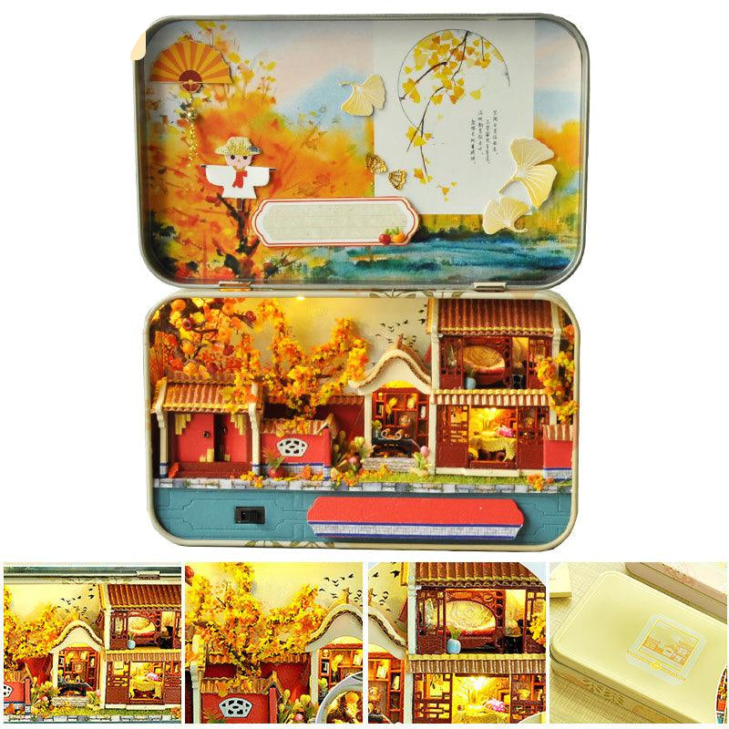 Autumn ginkgo courtyard miniature dollhouse kit with LED lighting and a music box, a handmade 1:24 wooden gift for hobbyists Autumn