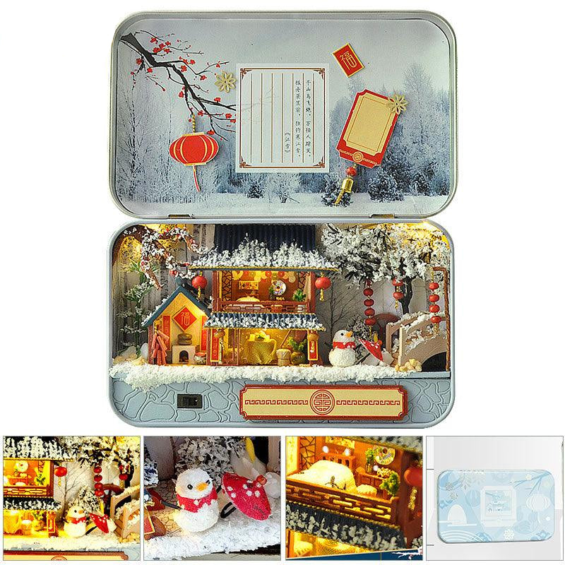 Winter snow village miniature dollhouse kit with LED lighting and a music box, an illuminated 1:24 wooden holiday display Winter