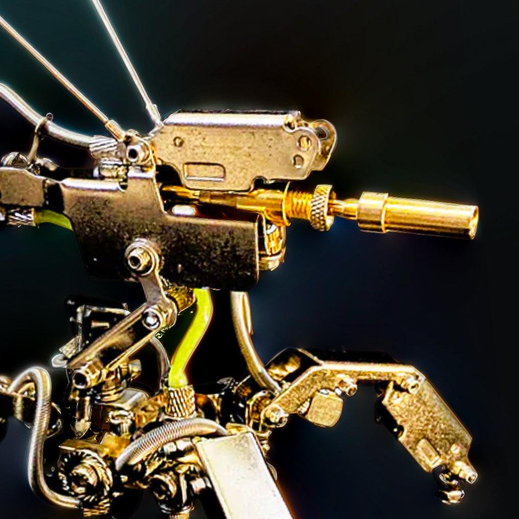 Mechanical mech with brass laser cannon, antenna and green energy pipeline built from a metal model kit