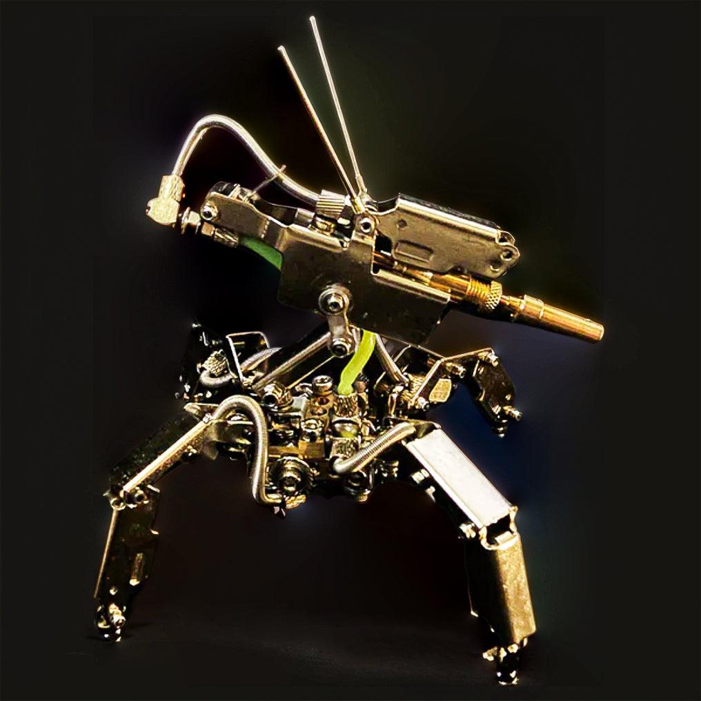 Sci-fi robot model kit built with screw and rod assembly, a metal mech collectible for desk and shelf decor