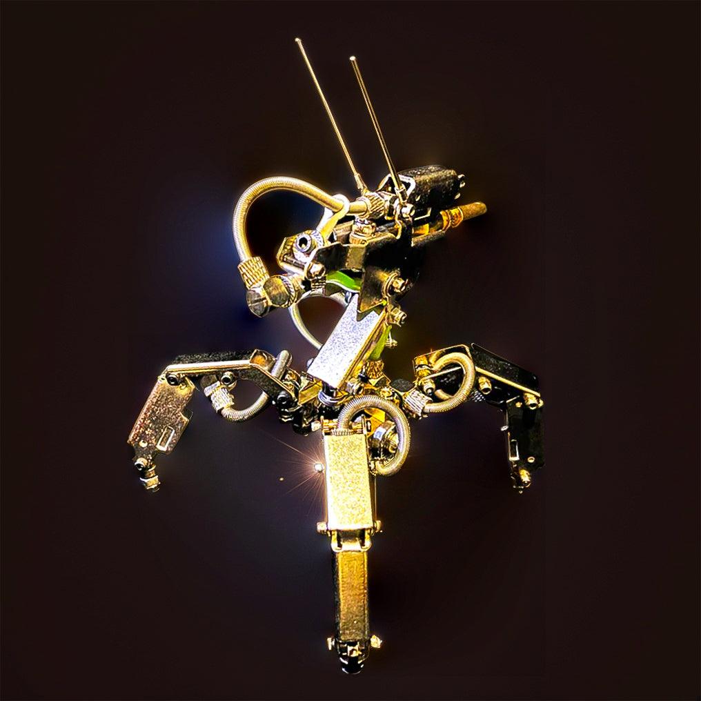 Buildable future robot mech with copper and steel parts, a four hour metal puzzle project for adults and teens