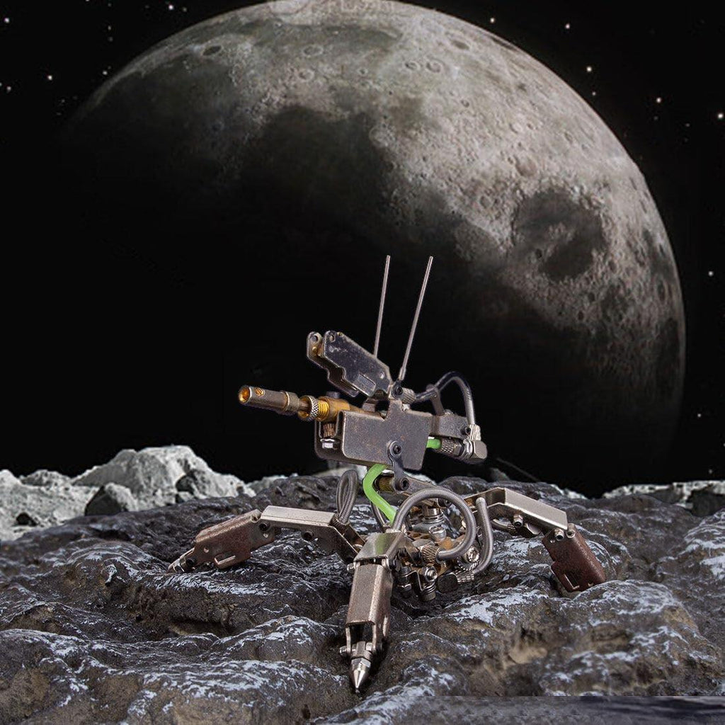 Futuristic mech robot model on a lunar scene, a 200 piece metal kit for sci-fi desk and office decor