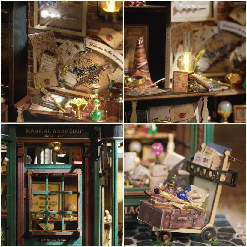 Wizard potion shop interior packed with tiny spell books and potion bottles, a 1:24 scale miniature booknook kit for hobbyists