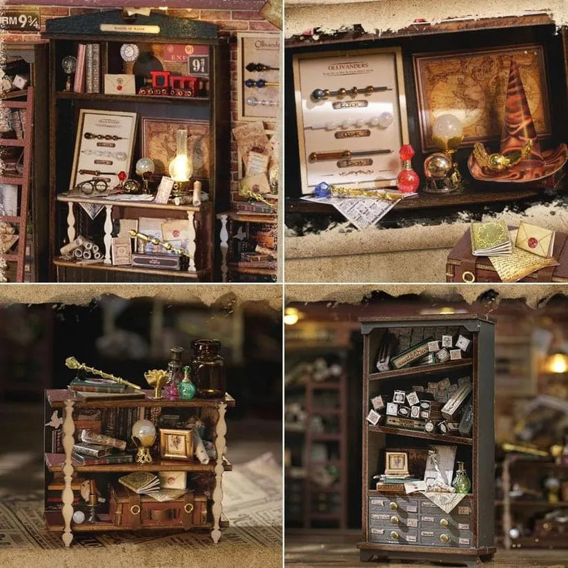 Warm LED lighting glowing through a miniature potion shop scene, an illuminated booknook building kit for adult model builders
