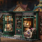 Hand scaled miniature furniture, cauldrons and shelves inside a wizard shop room, a detailed 1:24 scale kit for miniature fans