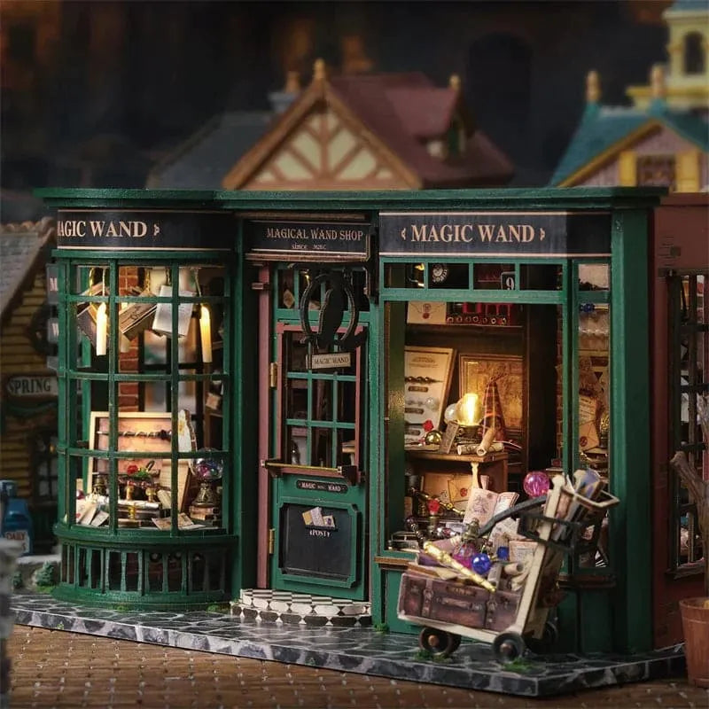 Hand scaled miniature furniture, cauldrons and shelves inside a wizard shop room, a detailed 1:24 scale kit for miniature fans