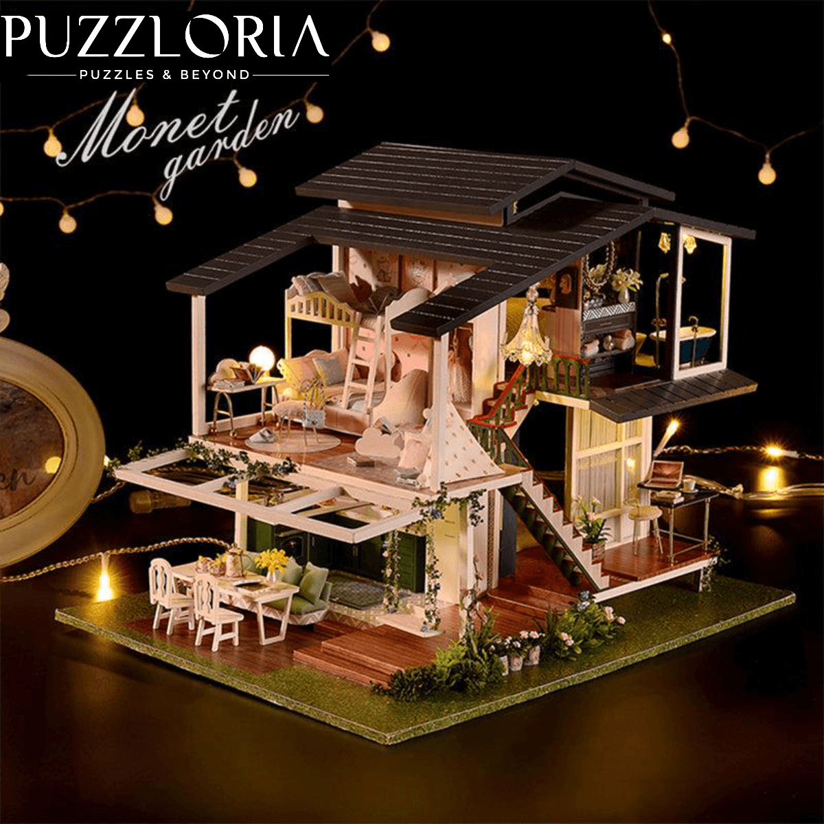 Monet's Garden miniature model kit with warm LED lights and a music box for art lovers and home crafters