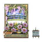 Monet's Garden 3D wooden puzzle with warm LED lighting, lily pond and Japanese bridge diorama for art lovers, Water Lily