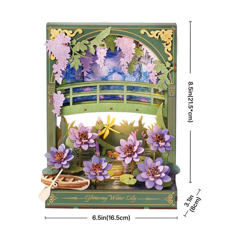 Impressionist wooden model kit standing 21.5 cm tall, lamp-lit desk decor and a mindful hobby gift for adults, Water Lily