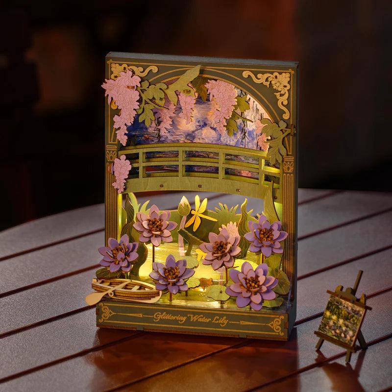 Warm LED night light water lily bridge scene, a glowing wooden puzzle lamp and bedside decor for Monet fans, Water Lily