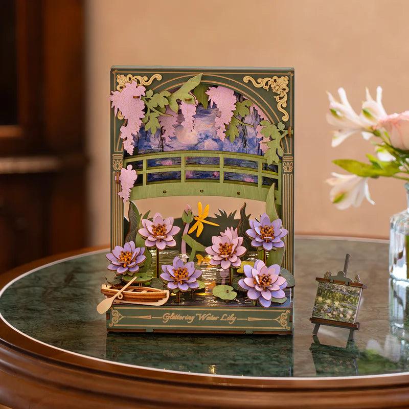 Handmade wooden flower puzzle for shelf and tabletop decor, a Monet garden diorama and gift for art lovers, Water Lily