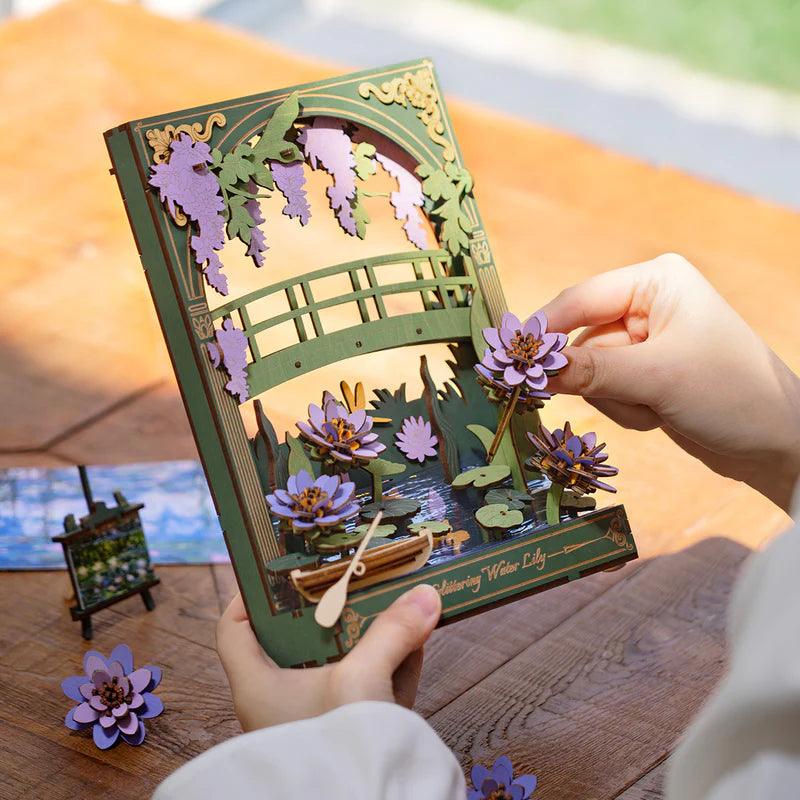 237-piece no-glue wooden puzzle you build by hand, a relaxing screen-free craft kit for adults and teens, Water Lily