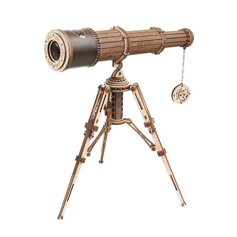Handcrafted wooden monocular telescope on a tripod stand, a vintage astronomy model kit and gift for stargazers