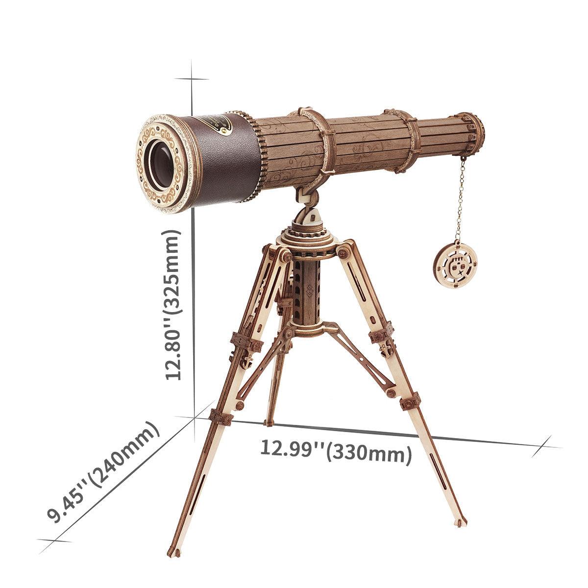Vintage wooden telescope model about 325mm tall on its tripod, a shelf display piece and gift for astronomy fans