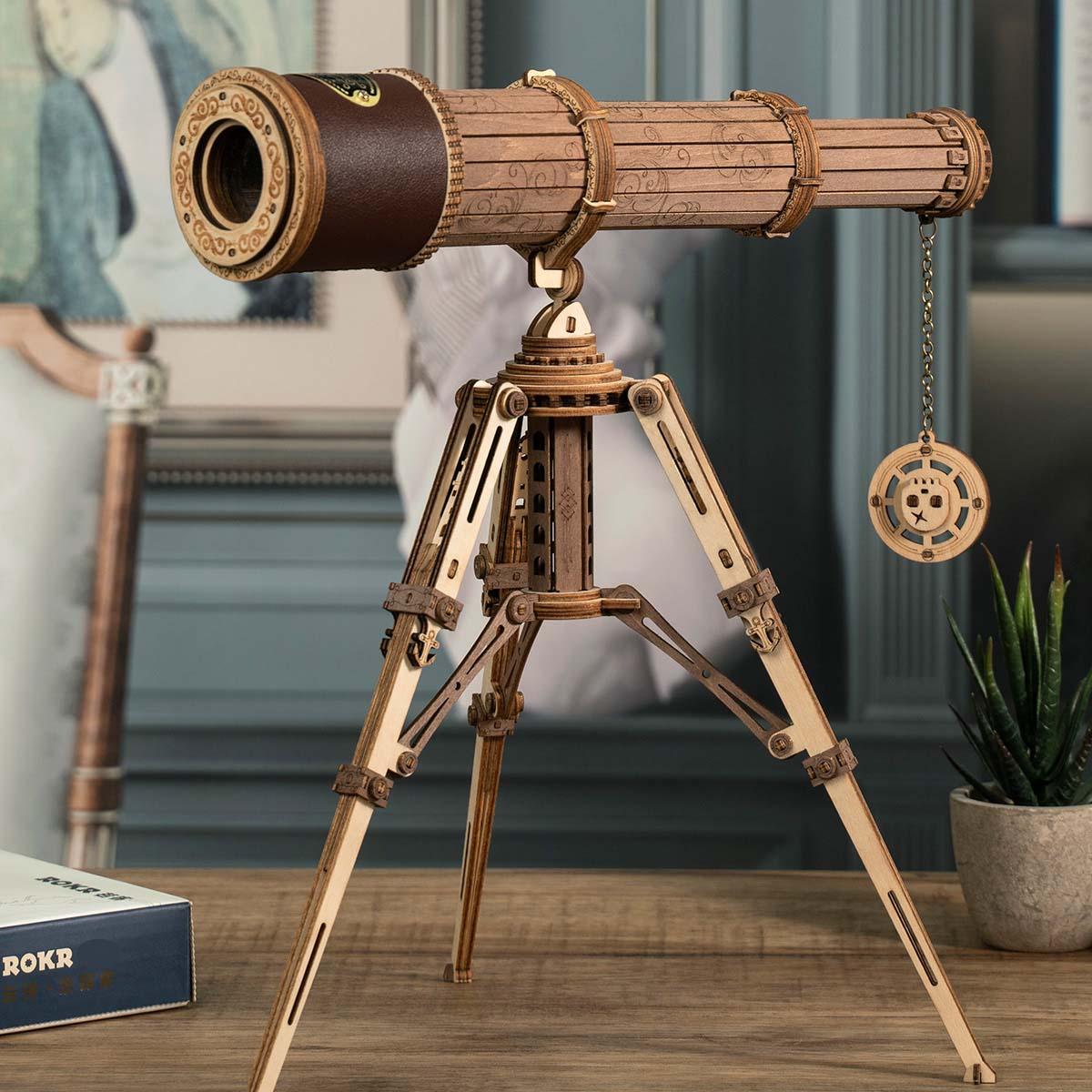 Vintage monocular telescope model styled as bedroom and shelf decor, a handcrafted wooden astronomy gift for adults