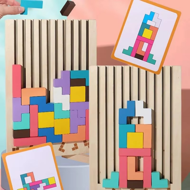 Interactive parent and child wooden color puzzle with challenge cards for screen free toddler learning and gifting