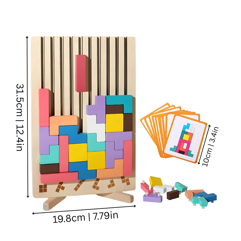 Montessori wooden color puzzle board standing 31.5 cm tall with challenge cards sized for small hands ages 3 to 5