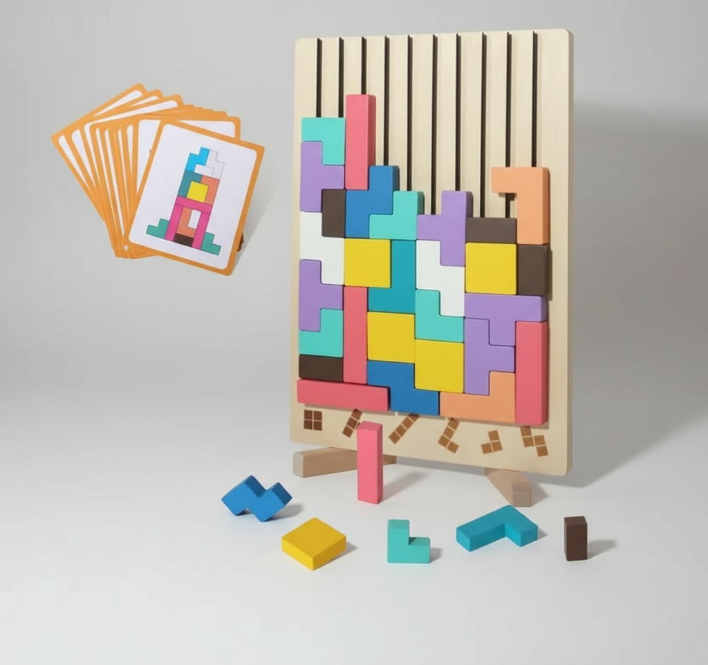 Wooden logic training puzzle with colorful stacking blocks and progressive cards for preschool pattern matching play