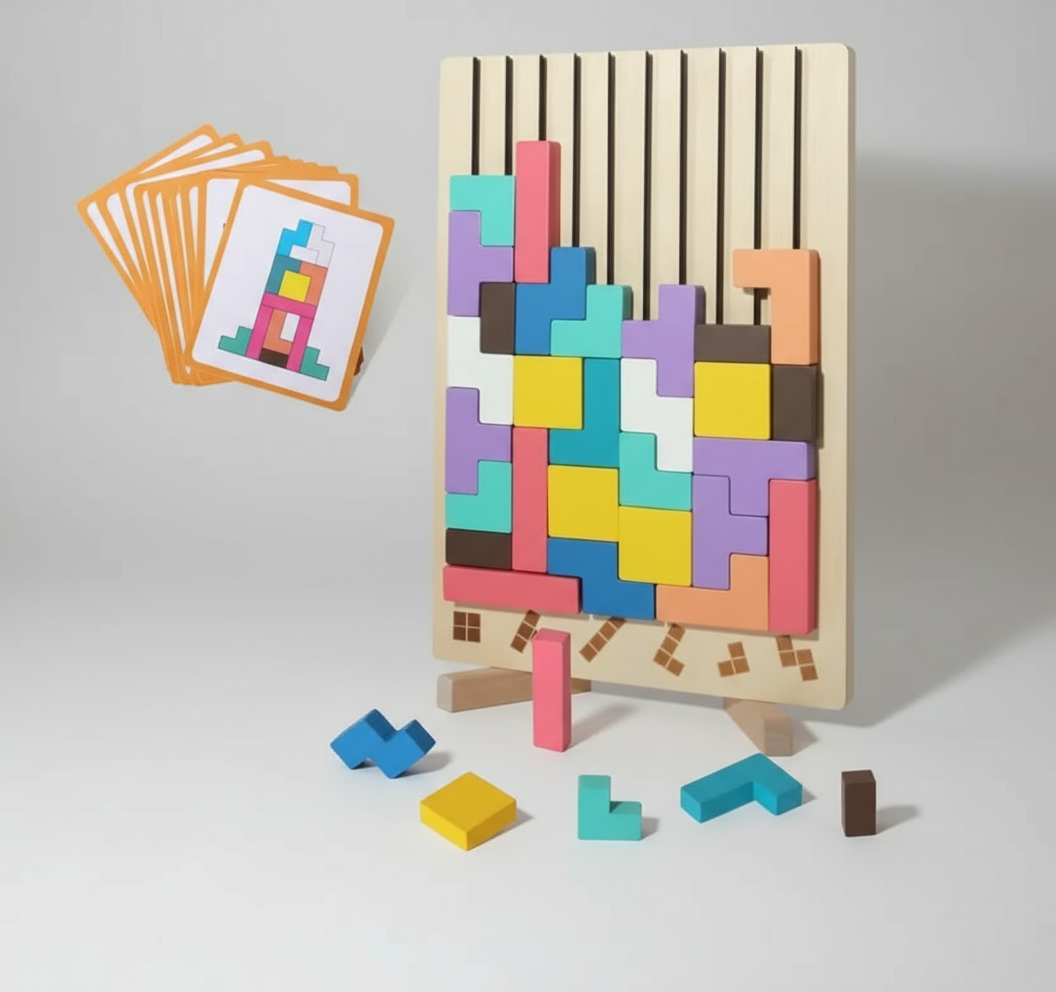 Wooden logic training puzzle with colorful stacking blocks and progressive cards for preschool pattern matching play