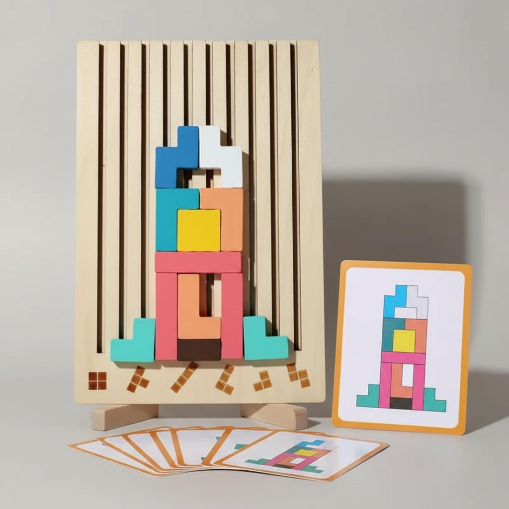 Toddler color matching puzzle with a tower building challenge card that guides kids through logic and problem solving