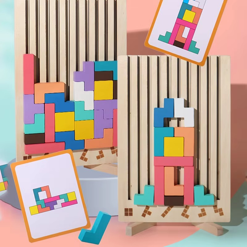 Colorful wooden Montessori puzzle for preschool color sorting and memory play in grid and tower building modes
