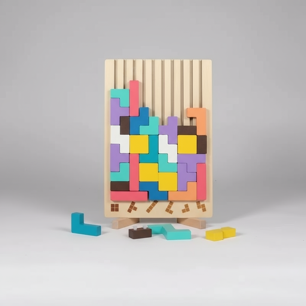 Wooden color block logic puzzle on a stand with loose tangram pieces for toddler fine motor and coordination skills