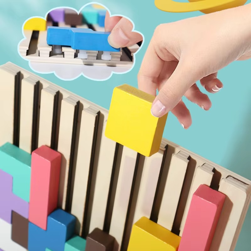 Child fitting wooden color blocks into the slotted logic board for hands on Montessori fine motor and matching play