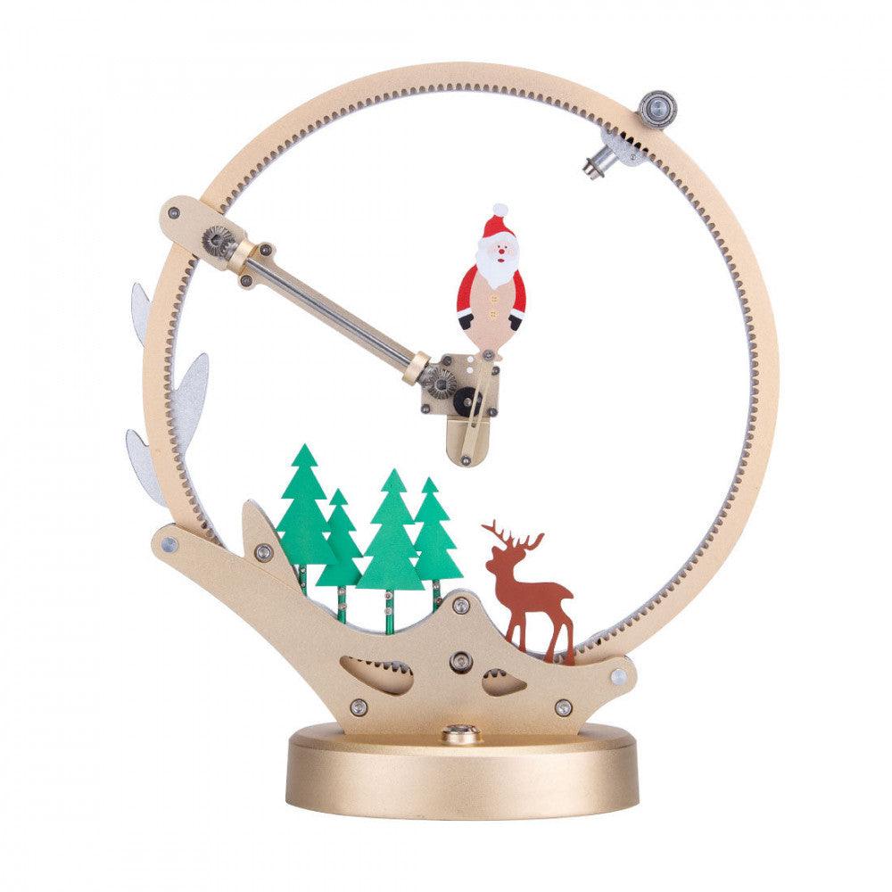 Movable Santa Claus 3D metal mechanical puzzle kit with LED lights and a motorized swinging forest scene for festive desk decor