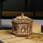 Mystical Clockwork Garden wind-up music box built from 315 wooden pieces, a Renaissance craft kit for adults